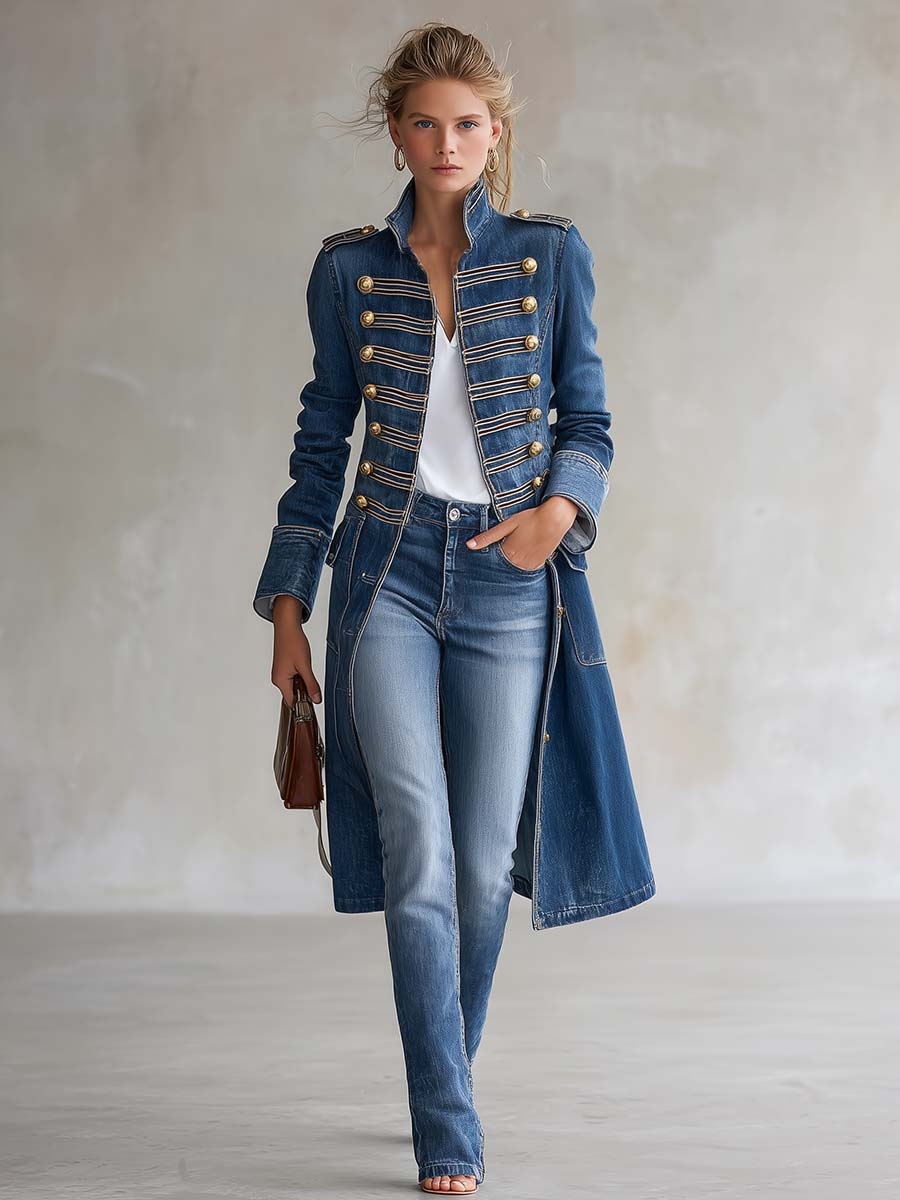 Lang, taljeret vintage-denimfrakke i officersstil med guldfarvede knapper