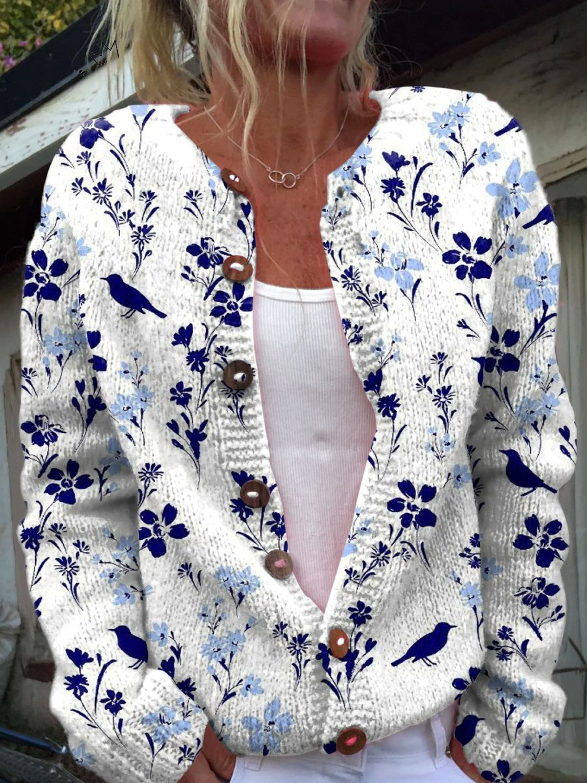 Jacqueline | Cardigan med blomster- og fugleprint