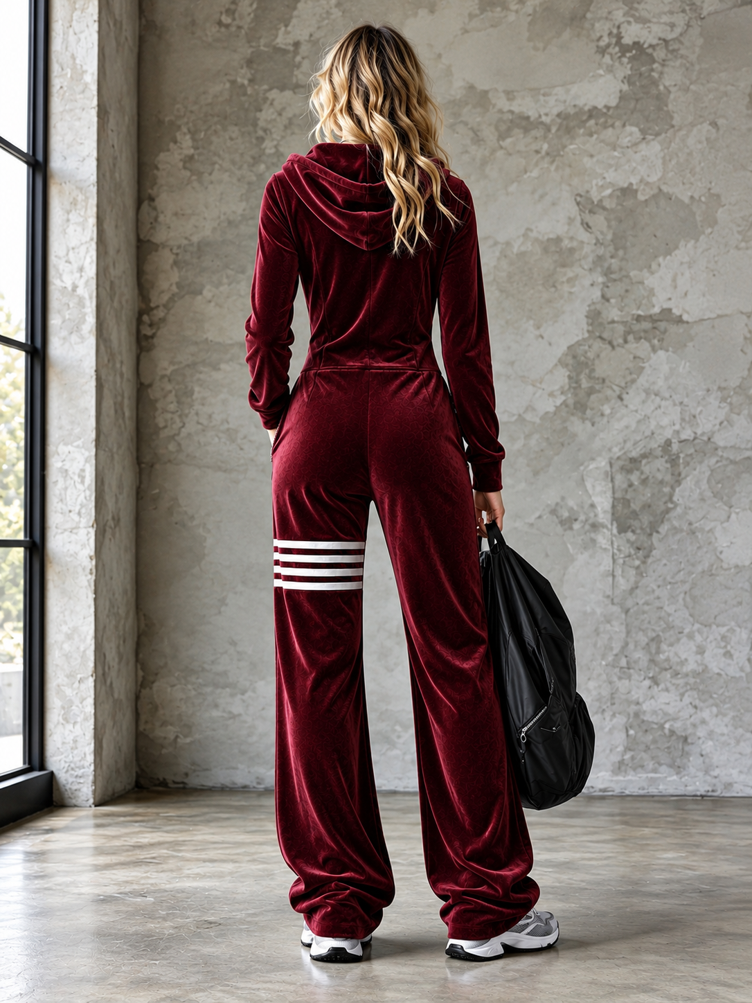 Velourjumpsuit med hætte, lynlås og brede ben