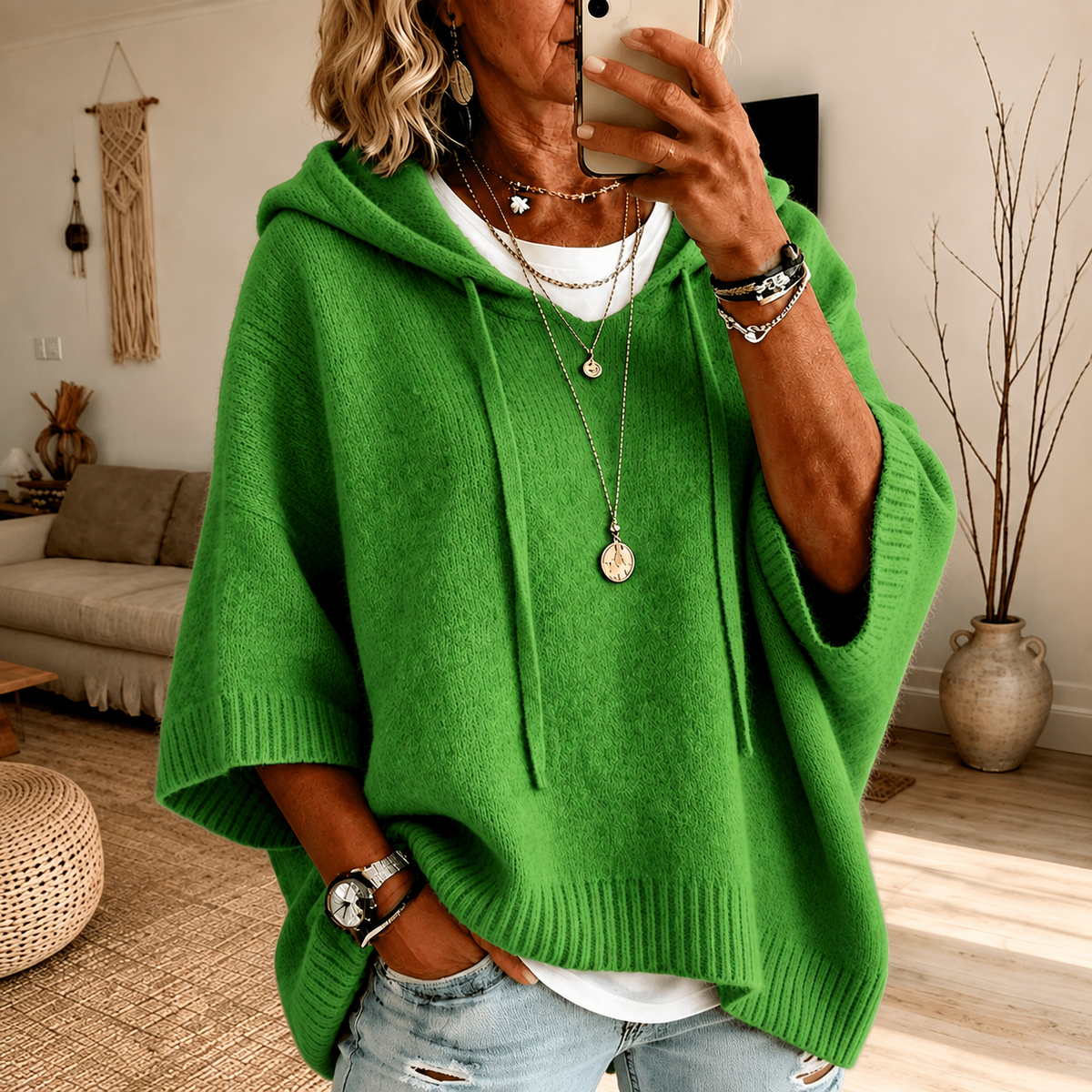 Mia | Ponchosweater med hætte og løs pasform