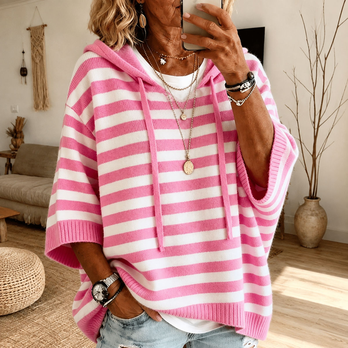 Madison | Stribet ponchosweater med hætte