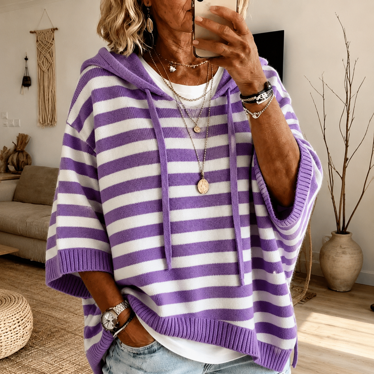 Aubrey | Stribet ponchosweater med hætte