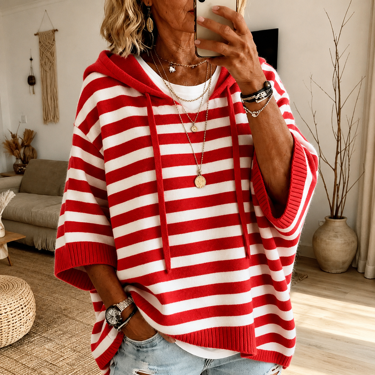 Victoria | Stribet ponchosweater med hætte