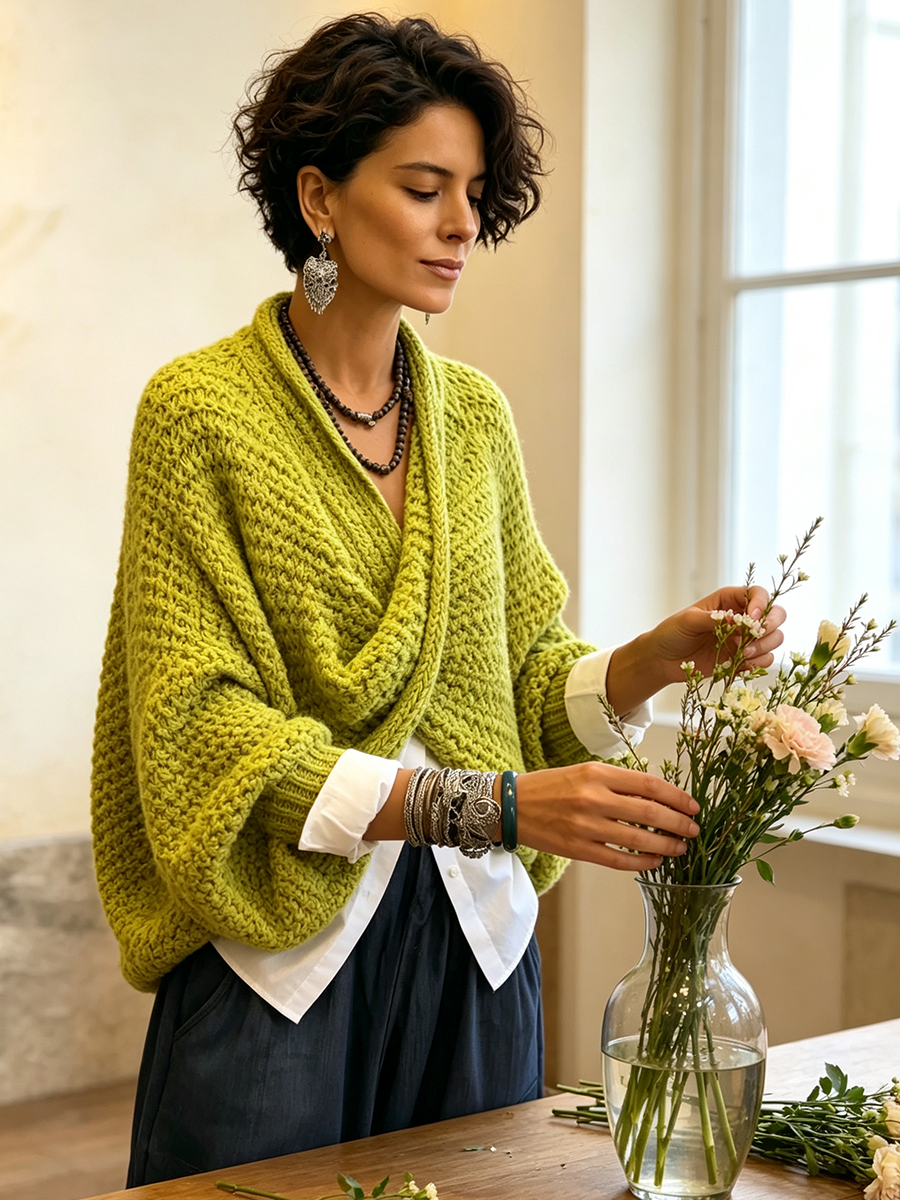 Hyggelig, løstsiddende sweater med flagermusærmer og overlappende V-hals